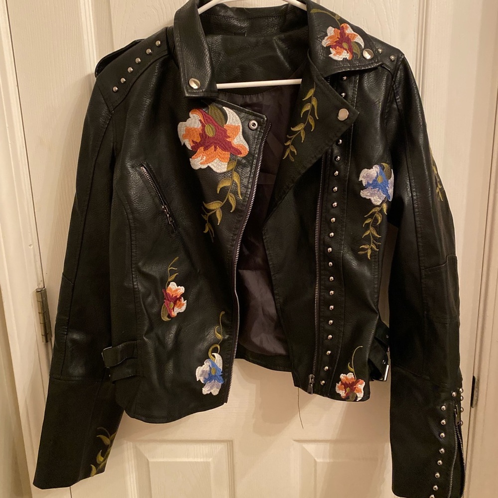 Black embroidered floral leather jacket